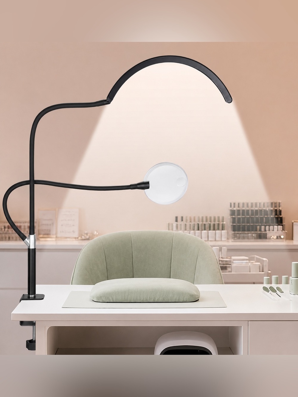 Dual Arm Half Moon Desk Lamp with 4X Magnifier